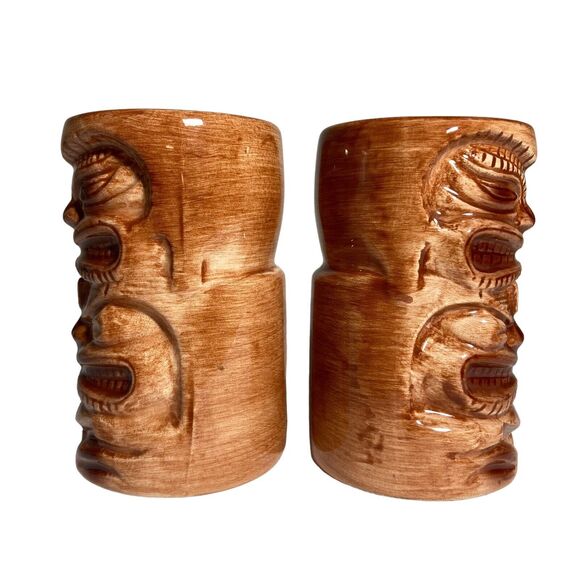 Brown Ceramic Tiki Salt and Pepper Shakers Hawaiian Polynesian Totem Set of 2 - Picture 6 of 10